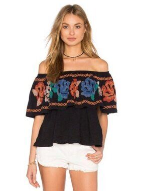 Free People To The Left Top Black Embroidered Off Shoulder Boho M